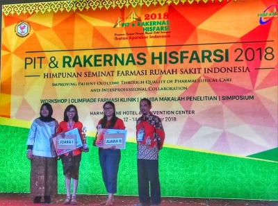 JUARA I RS BETHESDA YOGYAKARTA   LOMBA PRESENTASI PENELITIAN ILMIAH DI PEKAN ILMIAH TAHUNAN DAN RAKERNAS HISFARSI  (Himpunan Seminat Farmasi Rumah Sakit) tahun 2018