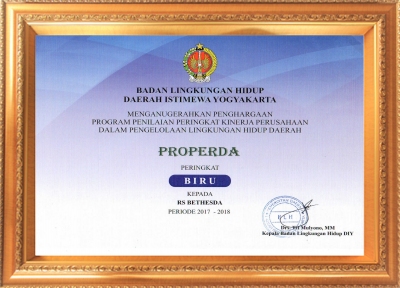 RS Bethesda Yogyakarta tahun ini kembali mendapatkan PROPERDA Peringkat Biru (Periode 2017 -2018) dari Badan Lingkungan Hidup D.I. Yogyakarta.