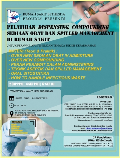 RS Bethesda Yogyakarta akan mengadakan Pelatihan Dispensing, Compounding Sediaan Obat dan Spilled Management di Rumah Sakit