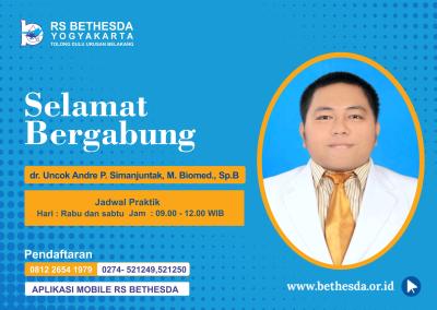 Selamat bergabung menjadi keluarga RS Bethesda, dr. Uncok Andre Pahala S, M.Biomed., Sp.B -  (Spesialis Bedah Umum)