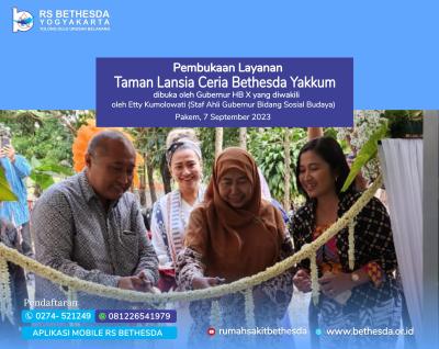Pembukaan Layanan Taman Lansia Ceria Bethesda YAKKUM. Jalan Kaliurang Km 21 Pakem Sleman. Dibuka oleh Gubernur HB X yang diwakili oleh Etty Kumolowati Staf Ahli Gubernur Bidang Sosial Budaya