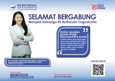 Selamat bergabung menjadi keluarga RS Bethesda Yogyakarta dr. Lucretya Yeniwati Tanuwijaya, Sp. B.P. R.E. (dokter spesialis Bedah Plastik Rekonstruksi dan Estetik ) 
