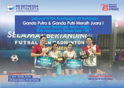 Selamat !!! Tim ganda putra pasangan Yoga & Yogi dan ganda putri pasangan Anggi & Gilang berhasil memperoleh juara 1 Turnamen Bukutangkis memperingati 18 th Anniversery Rumah Sakit JIH