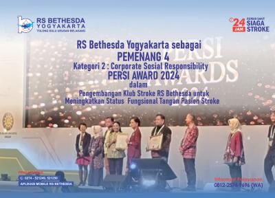 RS Bethesda sebagai : PEMENANG 4 kategori 2 : Corporate Sosial Responsibility dari PERSI AWARD 2024 dalam PENGEMBANGAN KLUB STROKE RS BETHESDA UNTUK MENINGKATKAN STATUS FUNGSIONAL TANGAN PASIEN STROKE