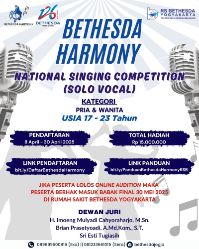 Haiiii Singers!!!  Dalam rangka memperingati HUT RS BETHESDA KE 126. RS Bethesda menyelenggarakan BETHESDA HARMONY National Singing Competition (Solo Vocal)