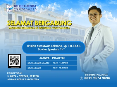 Selamat Bergabung di RS Bethesda Yogyakarta!  Dengan penuh sukacita kami menyambut dr. Rian Kurniawan Laksono, Sp. T.H.T.B.K.L Dokter Spesialis THT yang siap melayani Anda di Klinik THT RS Bethesda Yogyakarta