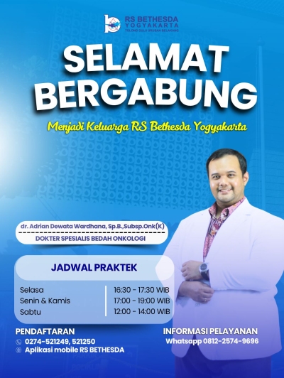 Selamat Bergabung, dr. Adrian Dewata Wardhana, Sp.B., Subsp.Onk(K) ,RS Bethesda Yogyakarta dengan bangga menyambut kehadiran dr. Adrian Dewata Wardhana, Dokter Spesialis Bedah Onkologi 