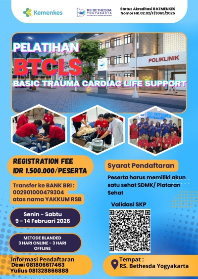 RS Bethesda Yogyakarta membuka Pelatihan BTCLS (Basic Trauma Cardiac Life Support) untuk tenaga kesehatan yang ingin memperkuat kompetensi penanganan kegawatdaruratan secara komprehensif dan terstandar.