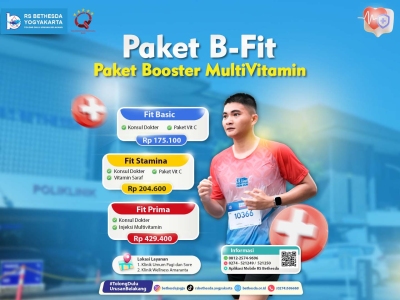 Paket B-Fit RS Bethesda hadir dengan pilihan multivitamin sesuai kebutuhan, mulai dari Fit Basic hingga Fit Prima dengan injeksi multivitamin untuk energi maksimal.