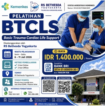 Tingkatkan kompetensi kegawatdaruratan Anda bersama Pelatihan BTCLS (Basic Trauma Cardiac Life Support) yang diselenggarakan oleh RS Bethesda Yogyakarta.